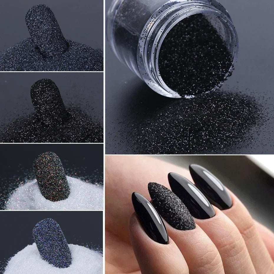 JazzHer Black White Holographic Glitter For Nails Design Sugar Powder Iridescent Snow Velvet Dipping Powder Pigment Decoration LYMN01-08