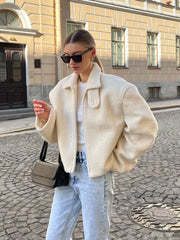 JazzHer Long Sleeve Zipper Lamb Wool Jacket For Women Chic Lapel Loose Solid Color Cropped Coat 2024 Female Autumn New Street Outerwear