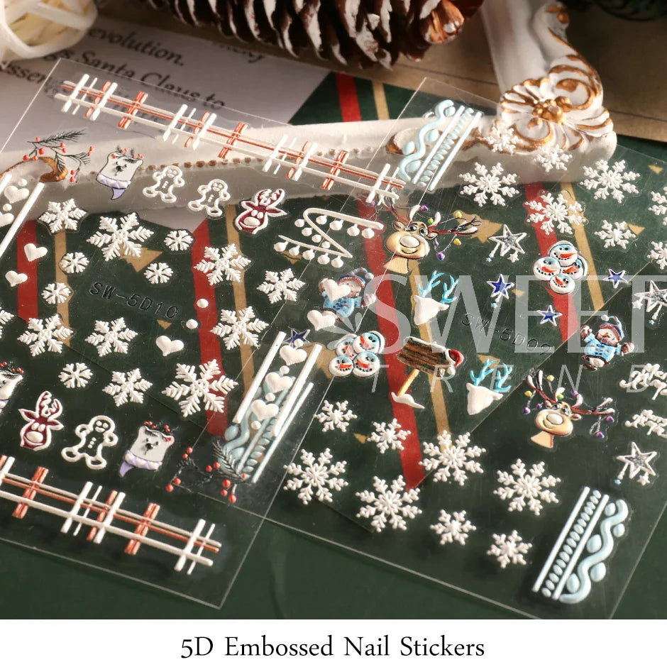 JazzHer 5D Cute Cartoon Christmas Stickers For Manicure Engraved Elk Bear Snowflakes Adhesive Sliders Nail Embossed Decal Decor LYSW5D09