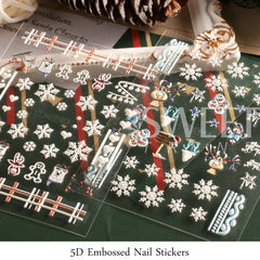 JazzHer 5D Cute Cartoon Christmas Stickers For Manicure Engraved Elk Bear Snowflakes Adhesive Sliders Nail Embossed Decal Decor LYSW5D09