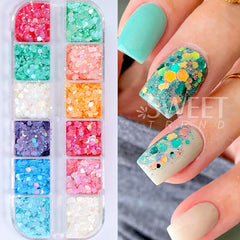 JazzHer 12 Colors Chameleon Nail Glitter Sequins Mermaid Mirror Hexagon 3D Flakes Paillette Laser Spangles Polish Summer Manicure Tips