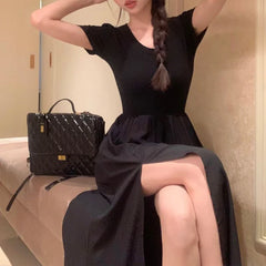 JazzHer Korean Style Fashion Elegant Slit Dress Tighten The Waist Women 2024 New Spring Summer Dress for Women Fairy Slim Fit Dress