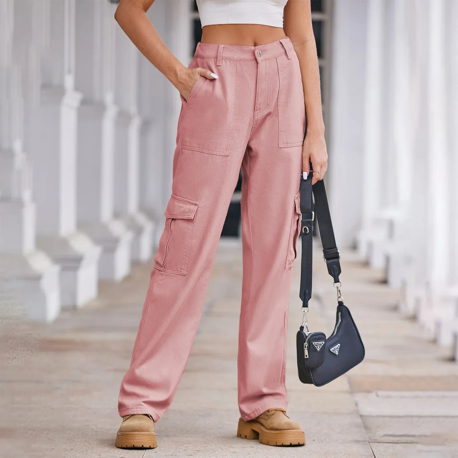 JazzHer Women Jeans Denim Ankle Length Pockets Cargo Pants Loose Fit High Waist Pockets Washing Solid Streetwear Slight Strech 2024