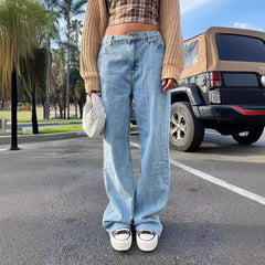 JazzHer Jeans Women Straight Pants Denim High Waist Loose Fit Vintage Pockets Button Solid Basics Trousers 2024 Casual Washed Denims