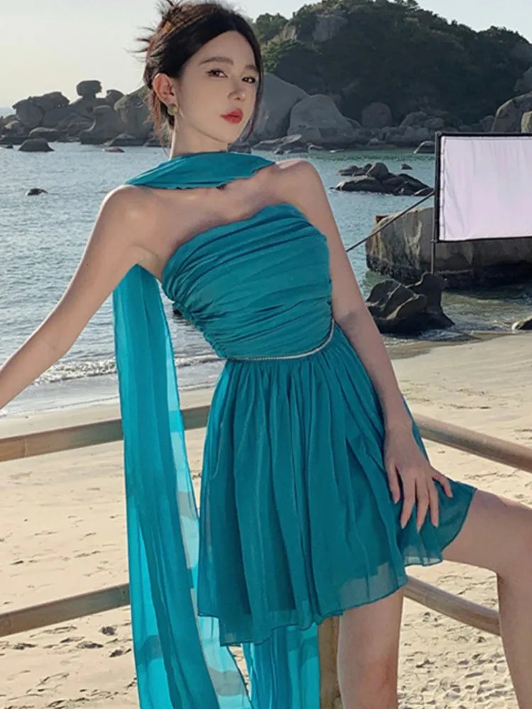 JazzHer New Summer Strapless Short Dresses for Women with Long Ribbon High Waist A-line Beach Style Party Dress One Piece Vestido Mujer