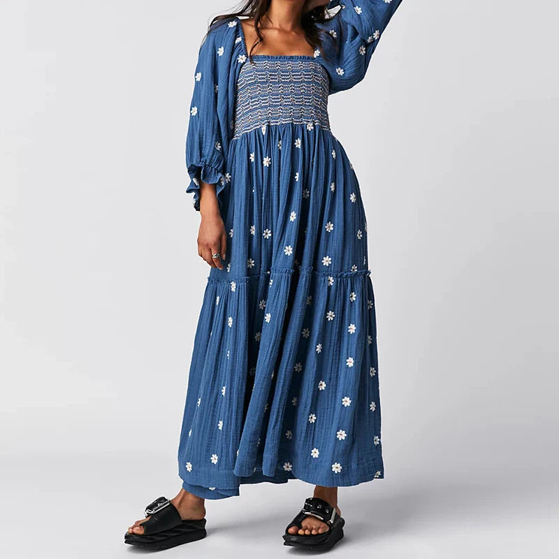 JazzHer Beach Style Holiday Ruffle Swing A Line Maxi Dress Bohemian Floral Dress Women Lady Square Neck Long Sleeve Club Party Dress