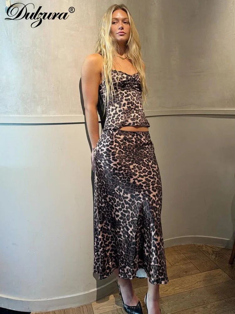 JazzHer Sexy Matching Suit Leopard Printed Crop Top Camisole Tank Midi Dress Sets Women Suits  Party Club Wholesale Y2K Clothes