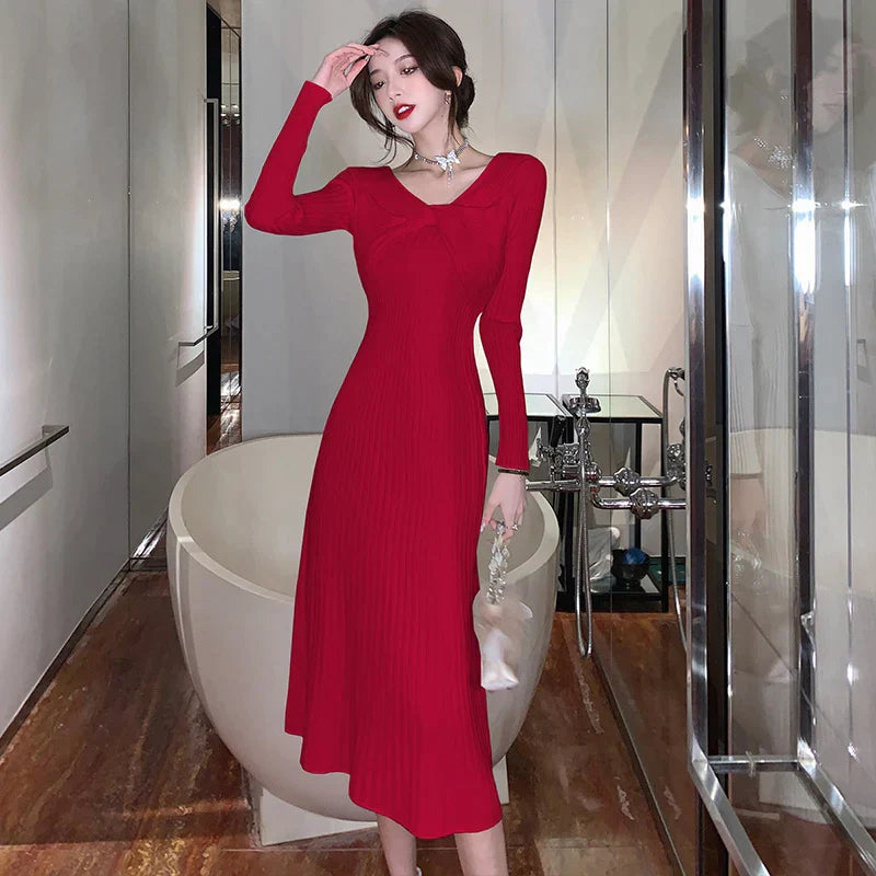 JazzHer-Elegant Vintage Knitted Evening Dress for Women Autumn Winter Fashion Long Sleeve Slim Dresses Knit Sweater Lady Clothing