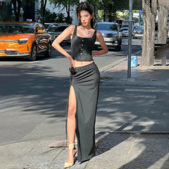 JazzHer-2024 spring new women's fashionable and sexy temperament street shooting U-neck suspender top slit half-length skirt suit