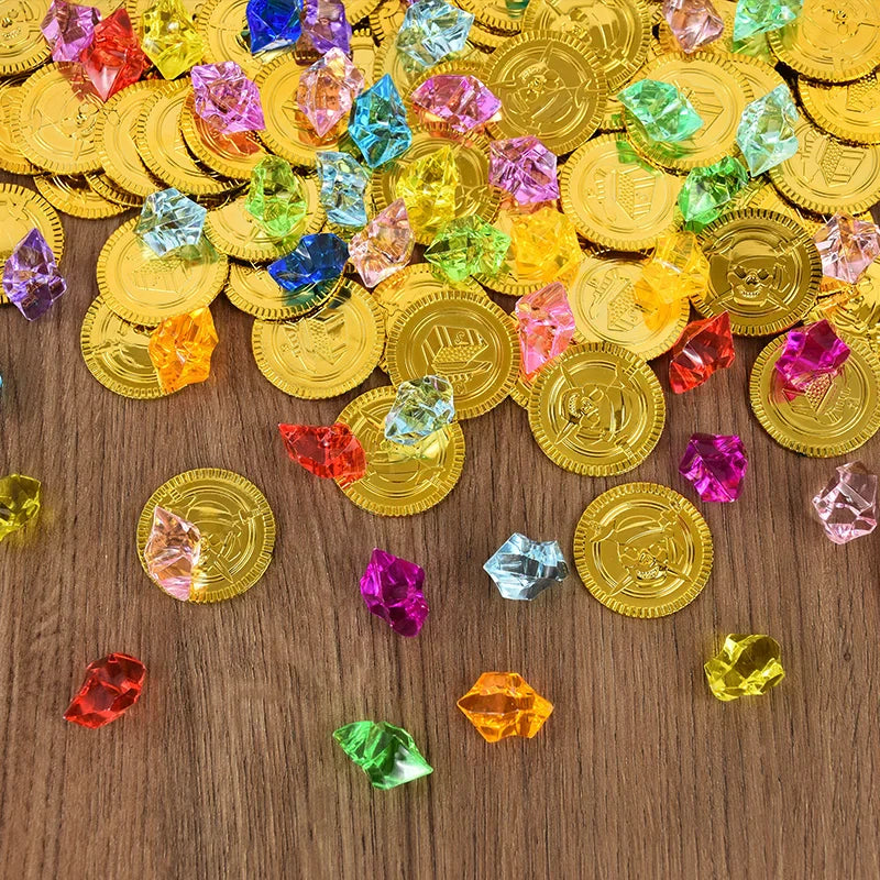 JazzHer 200Pcs/set Pirate Gold Coins Gems Jewelry Treasure Toy Kids Pirate Party Decoration Favors Birthday Gift Cosplay Props Halloween