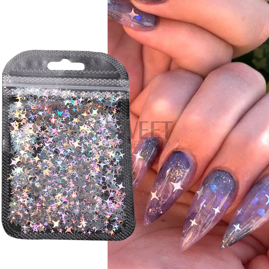 JazzHer Holographic Star Four-pointed Star Nail Paillettes Sparkly Laser Design Sequin Charm Glitter Flake Shinning Manicure Decor Slice