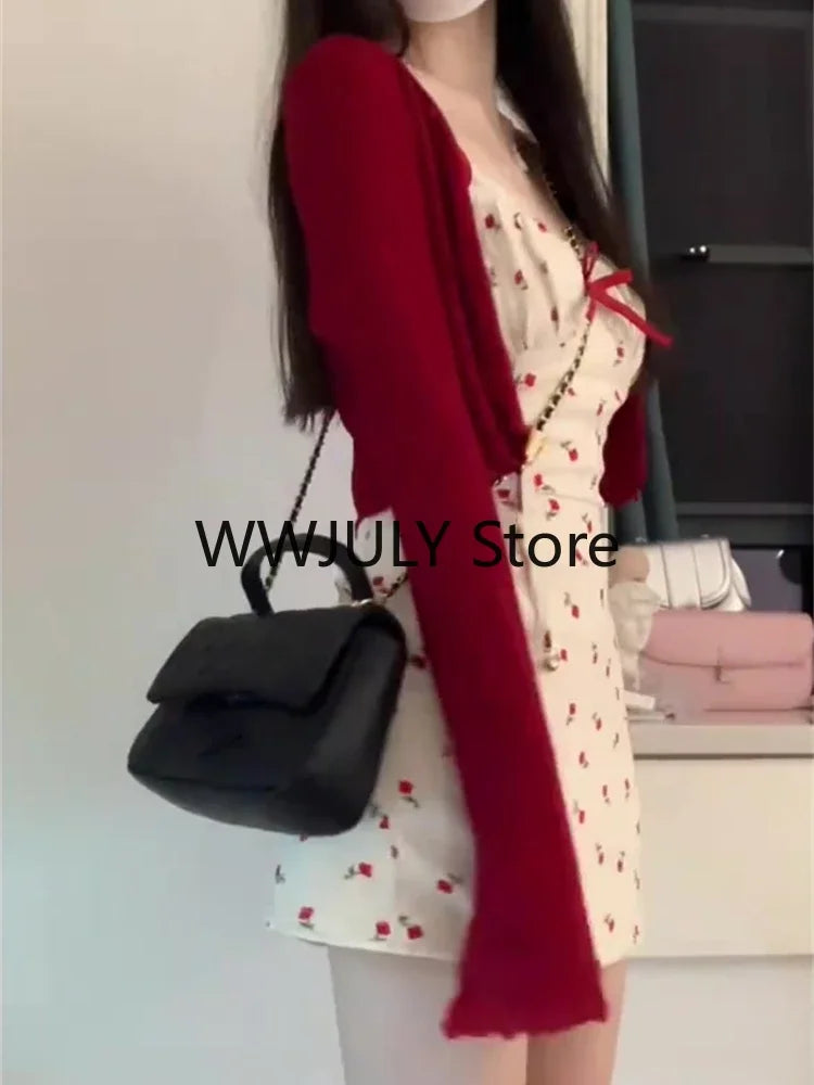 JazzHer Sweet 2 Piece Dress Set Woman Red Long Sleeve Cardigan + Strap Floral Y2k Mini Dress Party Korean Fashion Suit 2024 Autumn Chic