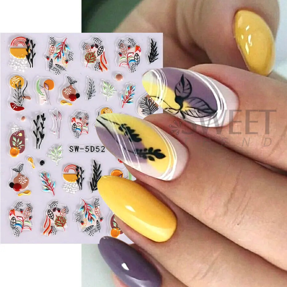 JazzHer 5D Embossed Leaf Nail Stickers Summer Autumn Flowers Slider Leaves Line Patter Design Nail Art Decals DIY Manicure Decorations