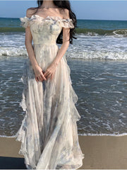 JazzHer French Vintage Bohemian Beige Print Ruffles Slip Long Dresses Summer Elegant Lady Off Shoulder Party Evening Dress Vestidos Robe