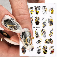 JazzHer Abstract Black Gold Snake Nail Art Stickers 3D Laser Geometry Flowers Leaves Design Decals Holographic Wraps Decoration LYSW-SJ