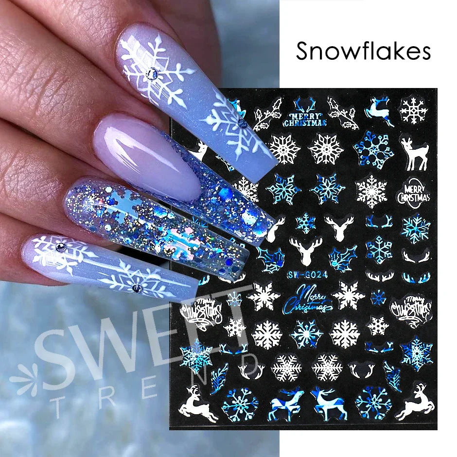 JazzHer Laser Blue Winter Snowflakes Nail Polish Sticker 3D Merry Christmas Snowflakes Deer Decal Sparkly White Manicure Decor LYSW-G020