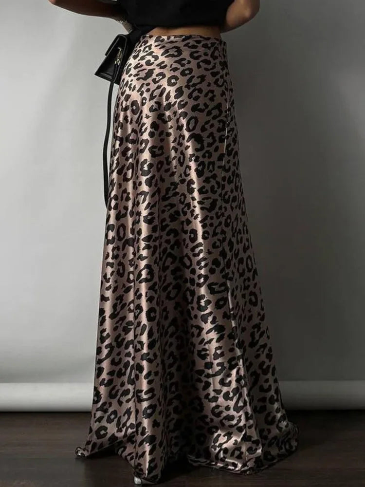 JazzHer Satin Leopard Print Long Skirt Women Fashion High Waist Maxi Fishtail Skirt Ladies Fashion With Zipper Sexy Skirts