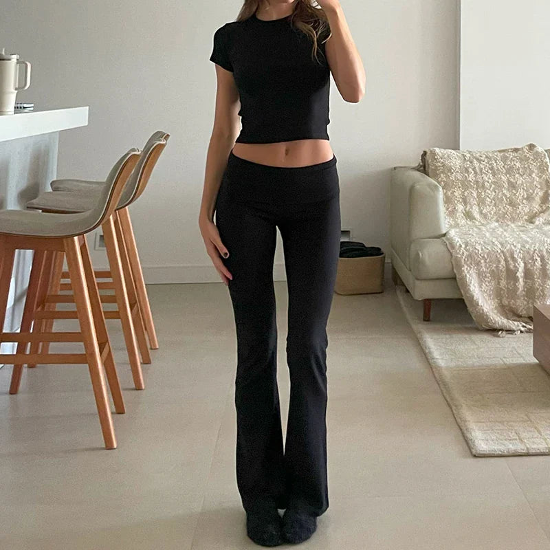 JazzHer Women Casual Slim Fit 2 Piece Set Short Sleeve Crop Tops + Pants Elegant Matching Suit Vintage Y2K Rib Knitted T-shirt Outfits