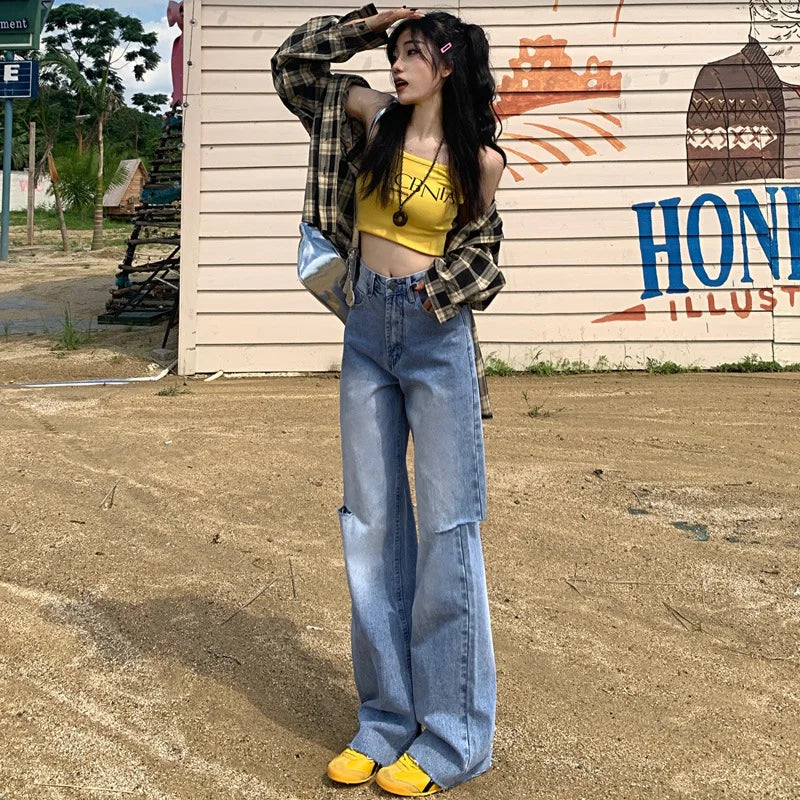 JazzHer Denim Straight Hollow Out High Waist Streetwear Jeans Vintage Slight Blue Jeans Long Pants Y2k Work Summer Blue Jeans Capris