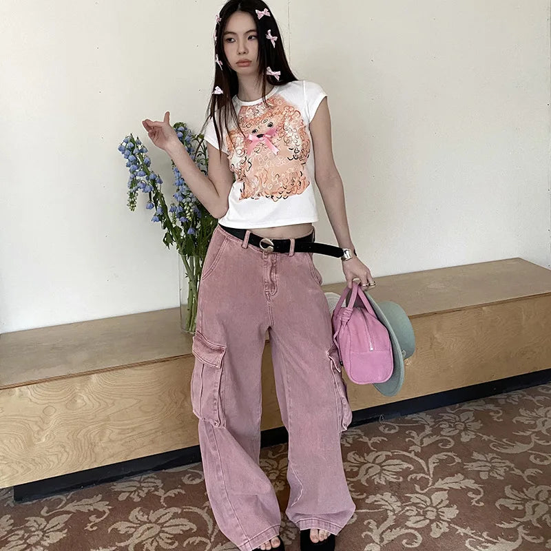 JazzHer Jeans Ankle Length Straight Loose Fit Women Cargo Pants Vintage Solid Pockets Denim Spliced Washed 2024 Summer High Street