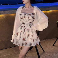 JazzHer Women Summer Floral Suspender Belt Sweet Dress Fashion Tighten The Waist 2024 New Spring Summer Dress Elegant Kawaii Dress