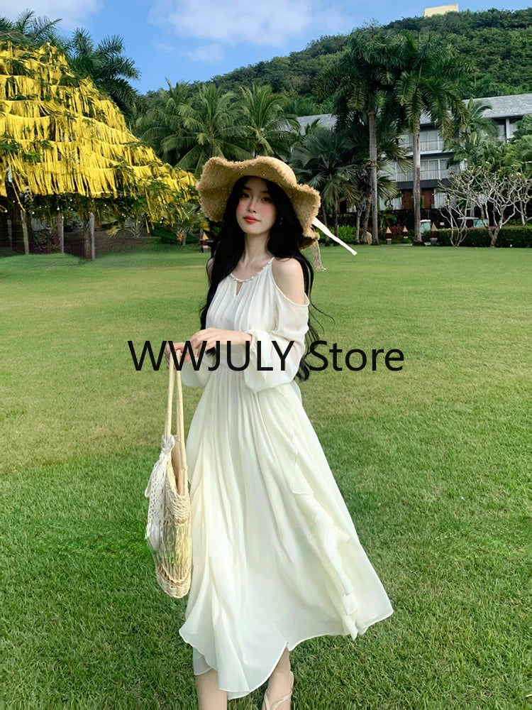 JazzHer 2024 Spring Chiffon Elegant Midi Dress Women Long Sleeve French Style One Piece Dress Korean Fashion Beach Solid Y2k Dress Chic