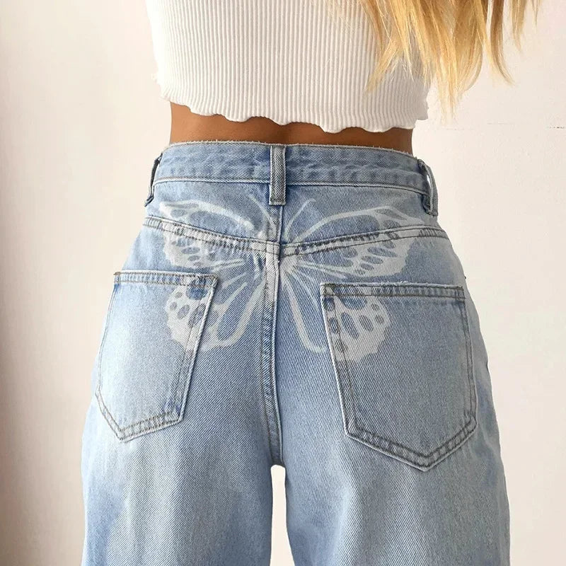 JazzHer Women Jeans Wide Leg Pants High Waist Denim Streetwear Print Pockets Loose Spring 2024 Slight Strech Ankle Length Pant