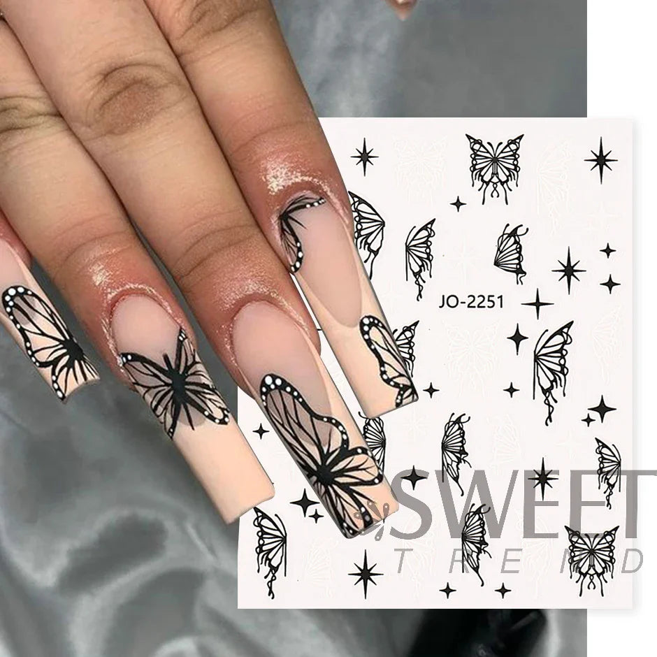 JazzHer Black Silver Fairy Lace Butterflies Nail Art Stickers 3D Mirror Hollow Big Flying Papilio Decal Holographic Spring Manicure LYJO