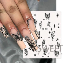 JazzHer Black Silver Fairy Lace Butterflies Nail Art Stickers 3D Mirror Hollow Big Flying Papilio Decal Holographic Spring Manicure LYJO