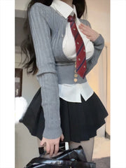 JazzHer 2024 Fall Fashion 2024 Japanese Uniform Suit Woman Grey Slim Knitted Sweater Tops Black Bodycon Y2k Mini Skirt College Fashion 3 Piece Set Girl