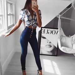 JazzHer Sheath Ankle Length Pencil Pants Women Jeans Wash Denim Skinny Hot High Waist Slim Casual Basics Solid 2024 Button Pockets