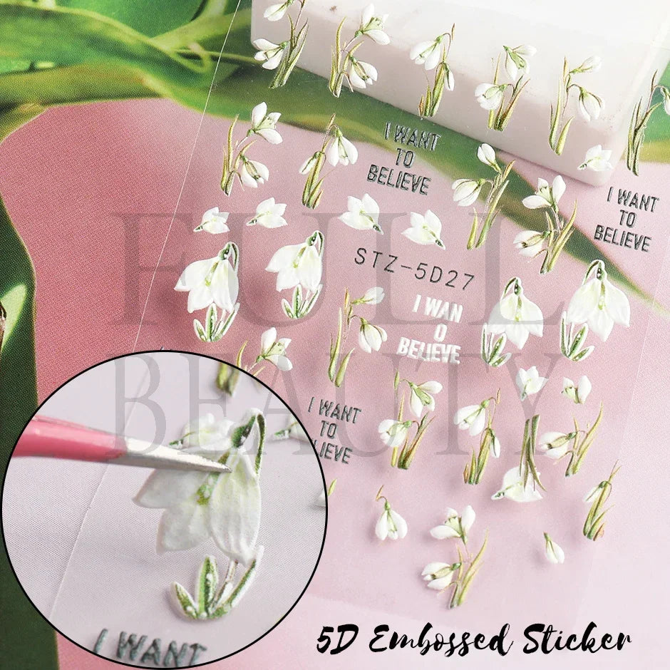 JazzHer 5D Snowdrop Embossed Nail Polish Stickers Summer Tulip Campanula Flowers Charms Decal Textured Manicure Acrylic Wraps LYSTZ-5D27