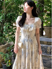 JazzHer French Vintage Chiffon Floral Midi Dresses for Women Ruffles A-line Birthday Party Dress Elegant Prom Robe Summer New Vestidos