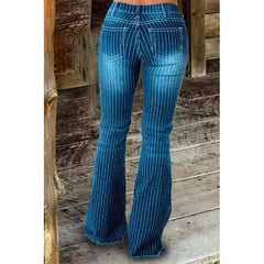 JazzHer Women Striped Flare Pants Midi Waist Button Spliced Denim Trousers Pockets Jeans Long Pant Vintage Winter Slight Strech