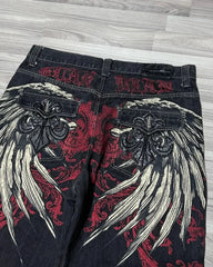 JazzHer Y2K Street Fashion New Denim Shorts Harajuku Style Gothic Wing Letter Embroidery Baggy Jeans Punk Hip Hop Gothic Wide-leg Pants