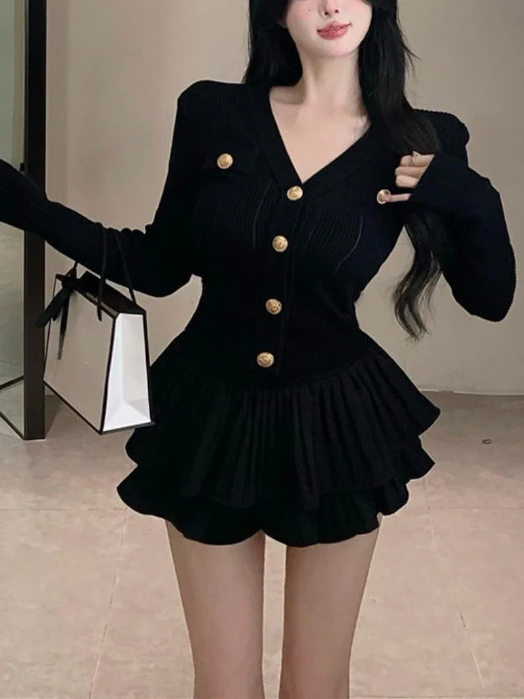 JazzHer 2024 Fall Fashion 2024 Summer Korea Fashion Knitted Suit Black Slim 2 Piece Skirt Set Casual Elegant Sweater + Women Outwear Casual Y2k Mini Skirt