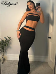 JazzHer Sexy Solid Matching Suits Cut Out Y2K Crop Top Midi Skirt Dress Sets Women Outfit Party Club Streetwear Events Clothing