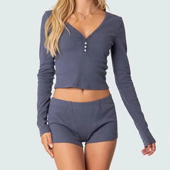 JazzHer Solid Color Ribbed V-Neck Long Sleeve Crop Tops T-shirt and Shorts Sleepwear Outfits Women Pajamas Set 2 Pieces Loungewear Suits