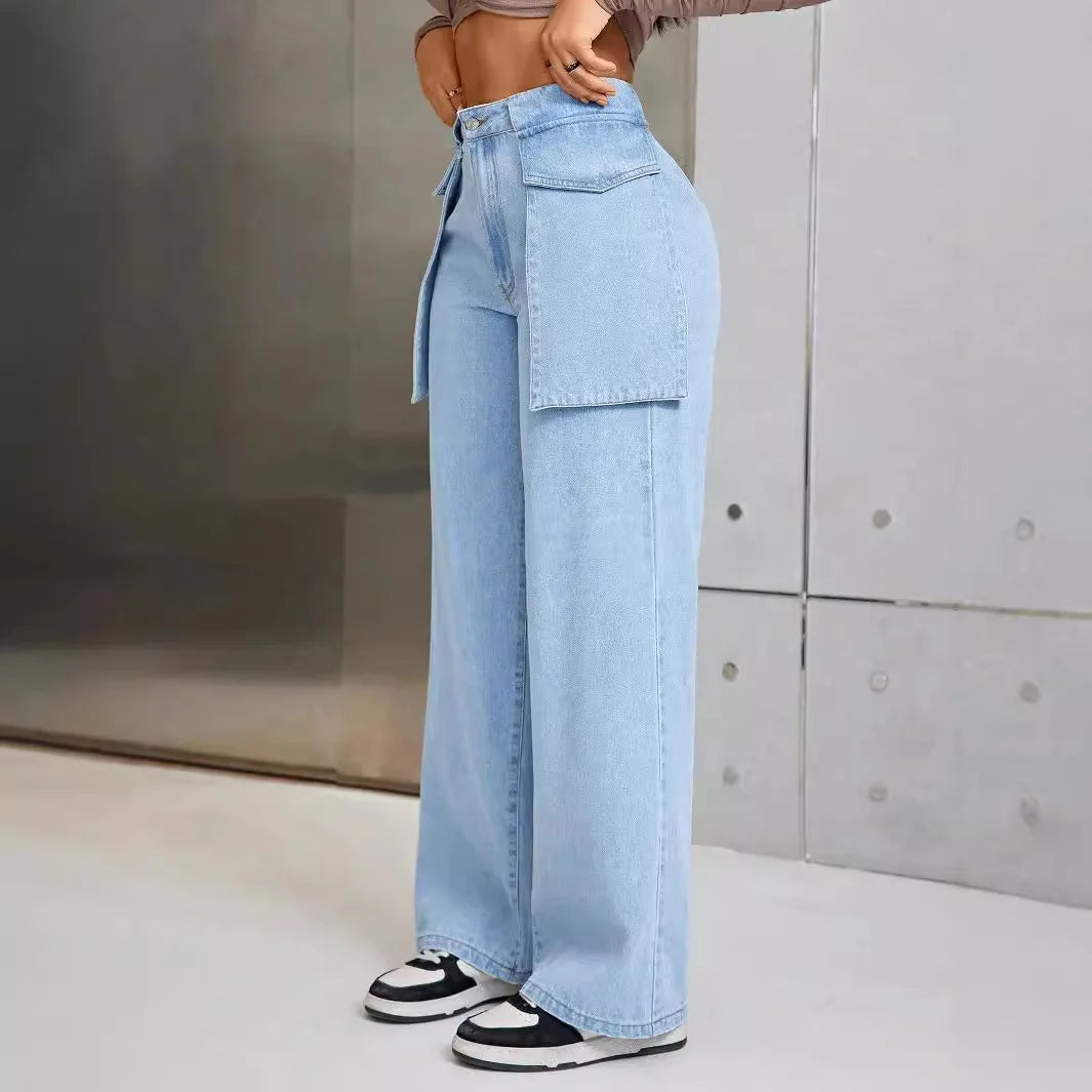 JazzHer Wide Leg Denim Pants Spliced Washed Pockets Cargo Jean Loose Solid High Waist Women Distressed Safari Style Jeans Autumn