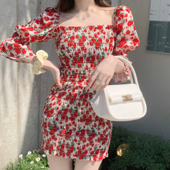 JazzHer Spring Summer Square Collar Floral Dress Women Temperament Slim Waist Bag Hip Skirt French Retro Dresses