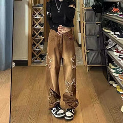 JazzHer 2023 American Retro Brown Five-Pointed Star Patch Jeans Women New Trend Hip-Hop Casual Joker Loose Wide-Leg Straight Mop Pants