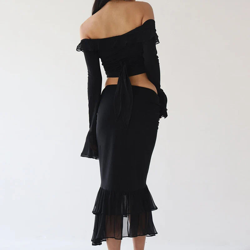 JazzHer Women Tie Up T-shirt Summer 2 Piece Set Vintage Ruffled V-Neck Long Sleeved Cropped Tops + Low Waist Fish Tail Split Midi Skirt