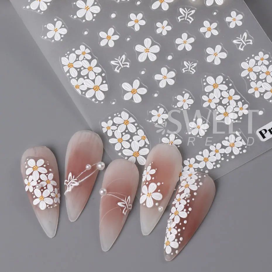 JazzHer 5D Embossed Flower Nail Stickers Colorful Simple DIY Wildflower Daisy Geometric Lines Gel Polish Decals Wedding Engraved Slider