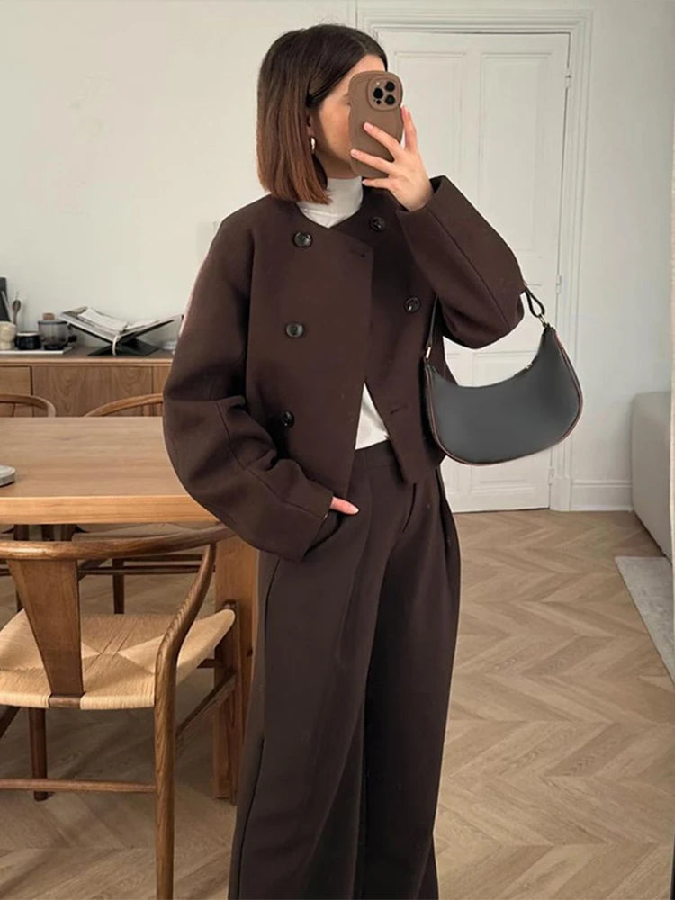 JazzHer Double Breasted Fashion Long Sleeved Women's Woolen Coat Casual Solid Color O-neck Jacket 2024 Autumn Winter Street Ladies Coats