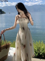 JazzHer Elegant Ruffles Floral Midi Dresses Summer New Fashion Spaghetti Strap A-line Beach Vestidos Women Holiday Sundress Clothing