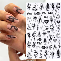 JazzHer 3D Snake Design Nail Stickers Black Evil Eye Tiny Skull Ghost Flower Design Sliders For Halloween Manicure Nail Art Decoration