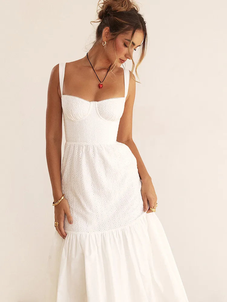 JazzHer Elegant White Spaghetti Strap Midi Dress For Women Fashion Strapless Sleeveless Backless A-line Club Party Dress