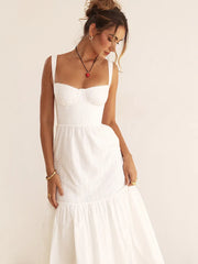 JazzHer Elegant White Spaghetti Strap Midi Dress For Women Fashion Strapless Sleeveless Backless A-line Club Party Dress