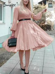 JazzHer Casual Pleated Deep V-Neck Summer Dress Women Beach Elegant Pink Puff Long Sleeve Spring Midi Dress Sexy Mujer Vestidos