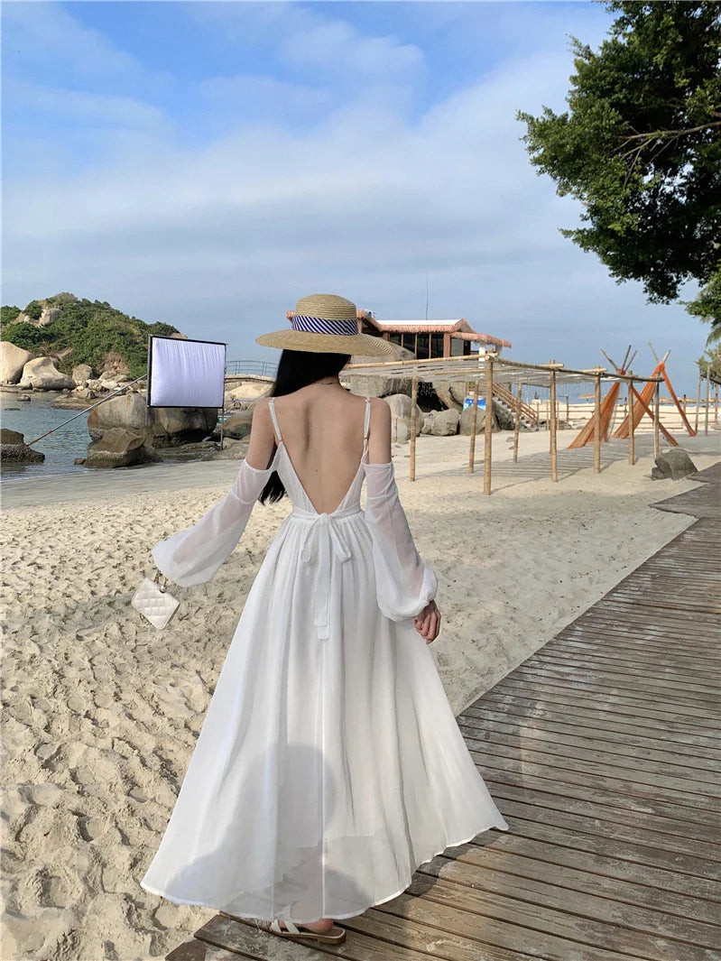 JazzHer Elegant White Holiday Beach Midi Dresses for Women Summer New Boho Fashion Long Sleeve Backless Chiffon Casual Female Clothing